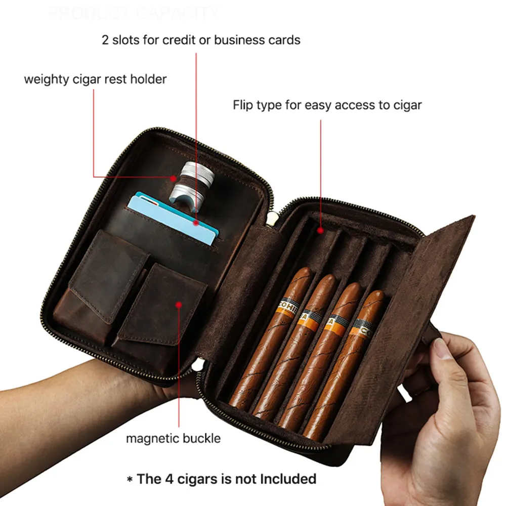 Genuine Leather Cigar Travel Case Holder With Portable Lighter Cutter Pocket Humidor Cigar Accessories Gift Set