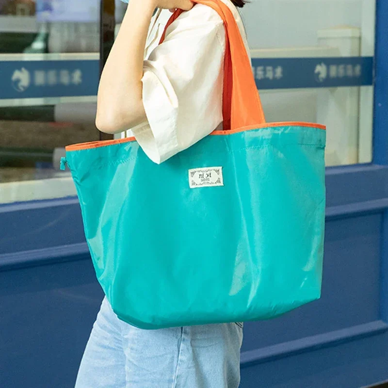 Large Capacity Reusable Drawstring Bag Nylon Foldable Grocery Bag Collapsible Shopping Bag Eco Large Polyester Beach Bag Totes