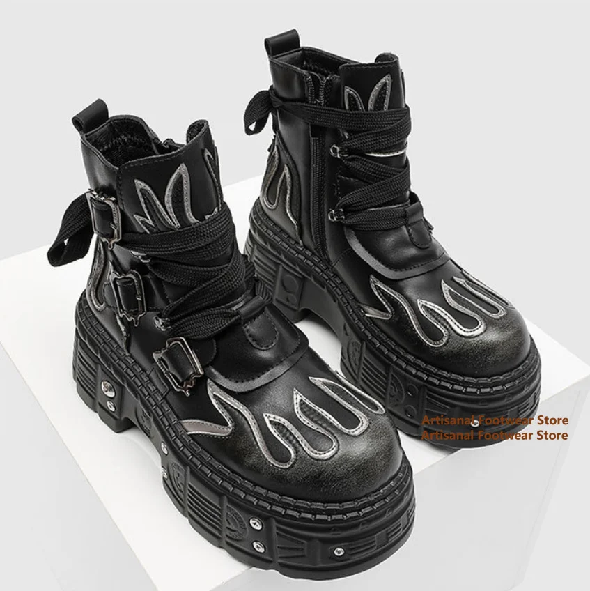 

Flame Shape Men's Boots Thick Soled Side Zipper Booties Men's Boots Trendy British Style High Top Lace Up Designer Men's Shoes