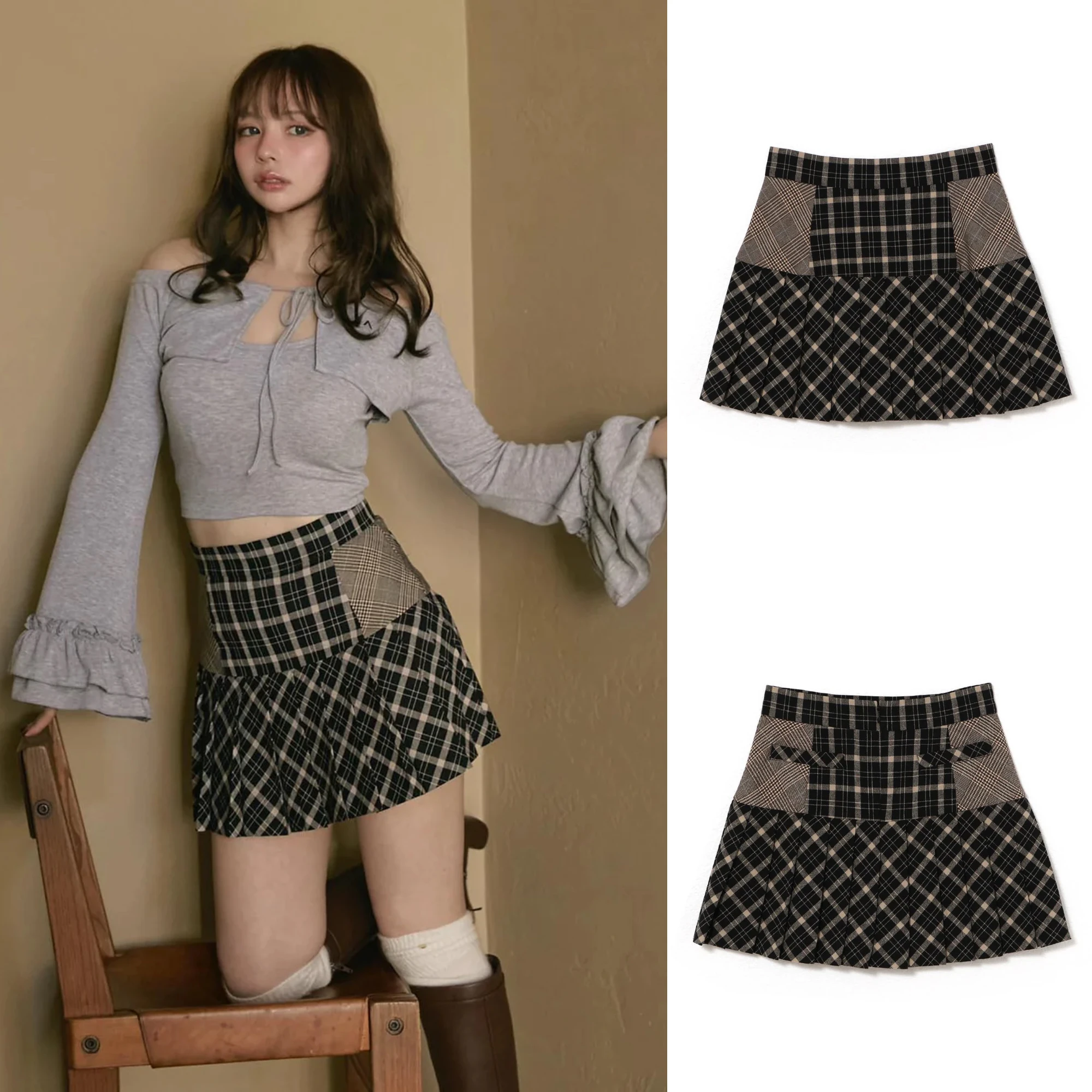 Falda corta acampanada de cintura alta que combina con todo, nuevo diseño japonés, faldas plisadas para mujer con bloques de colores y polluelos calientes (enviado en 30 días)