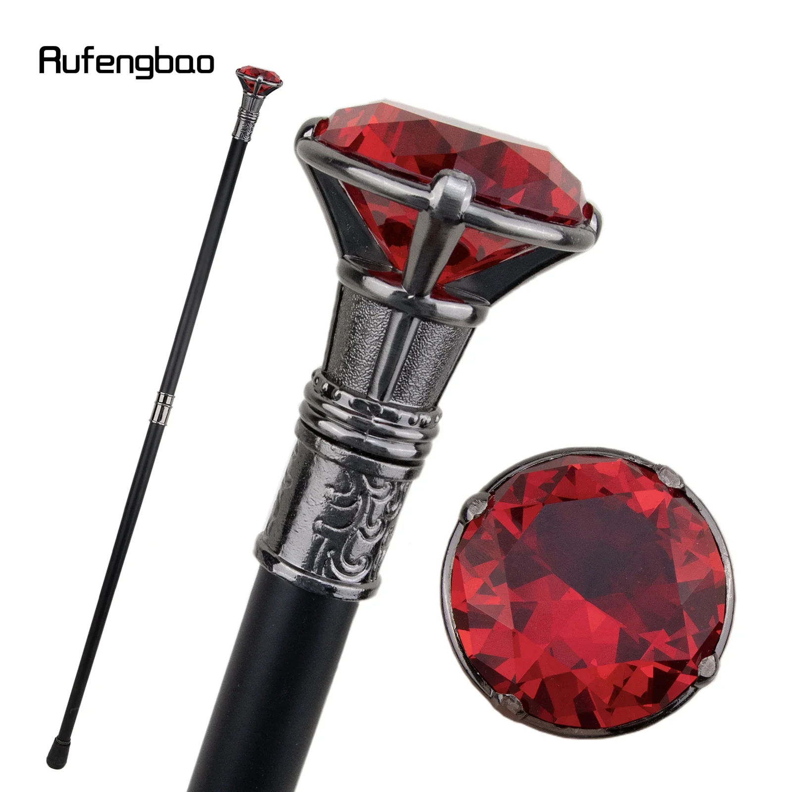 Canne de Marche Argentée Type Diamant Rouge, Bâton Décoratif à la Mode, Bouton de Cosplay Élégant pour Gentleman, Crosier 93cm