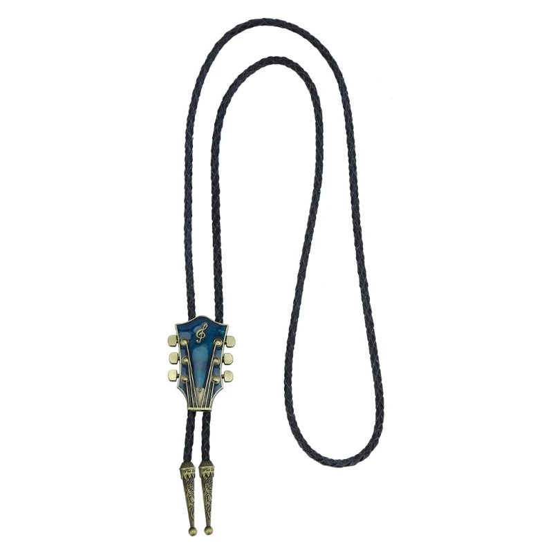 

Elegant Leather Carving Bolo Tie with Guitar Head Cowboy Necktie Necklace DXAA