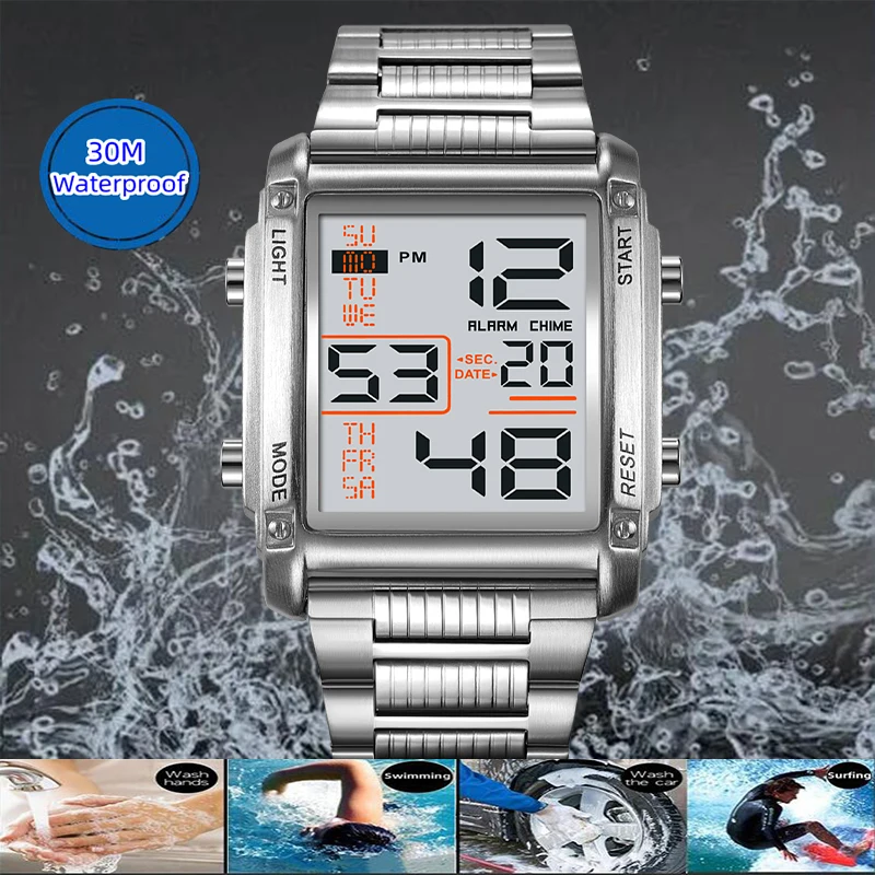 Skmei Mens Dual Time Luxury Stainless Steel Strap Hardness Glass Dial Led Waterproof Stopwatch Digital Sports Bracelet Watches