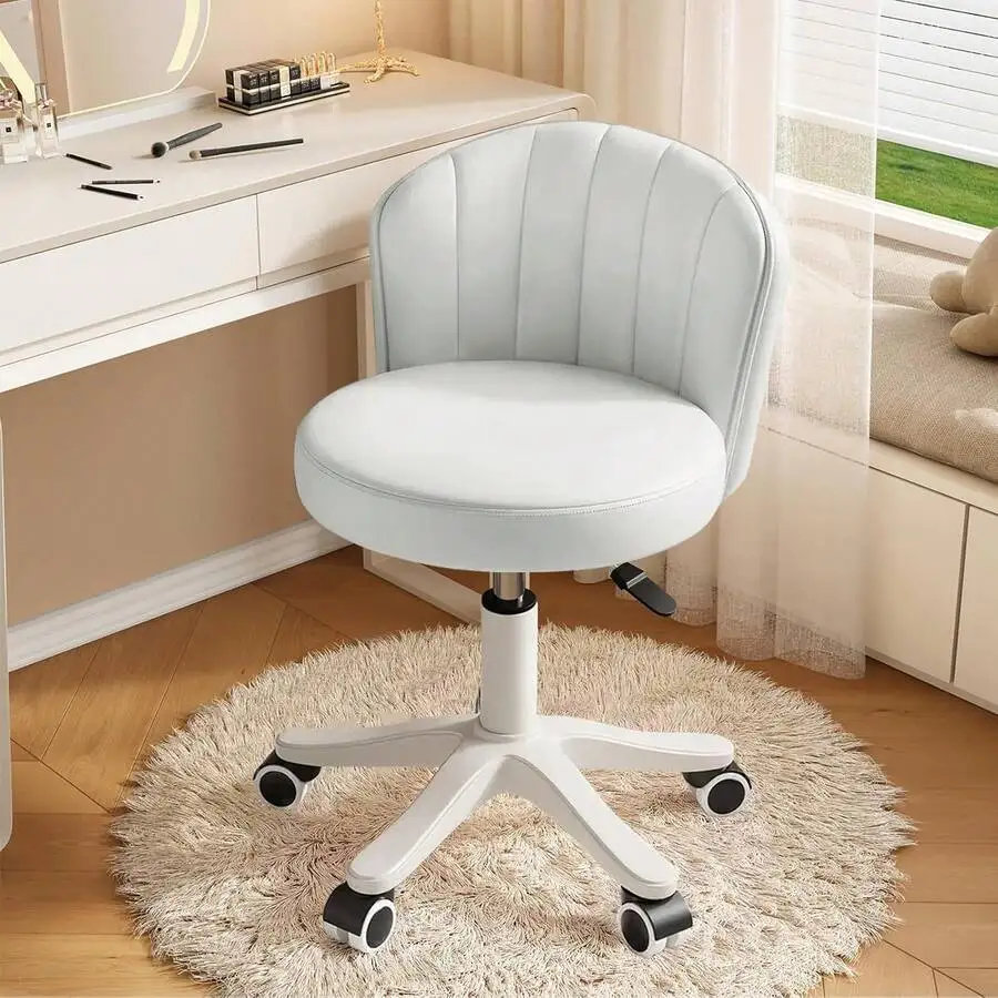Small Round Rolling Desk Chair Armless Comfy Vanity Computer Chair With Low Backrest PU Leather Height Adjustable Swivel Work Sp