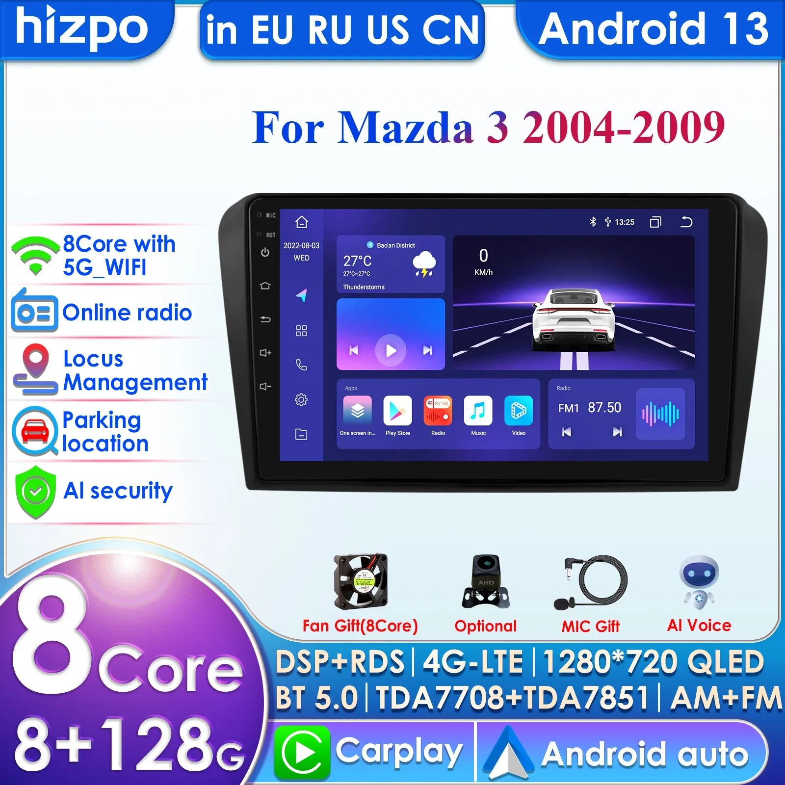 Hizpo 9 Inch Carplay 4G 2 Din Android 13 Car Radio for Mazda 3 2004 - 2009 with BOSE Multimedia Video Player Navi GPS DSP WIFI