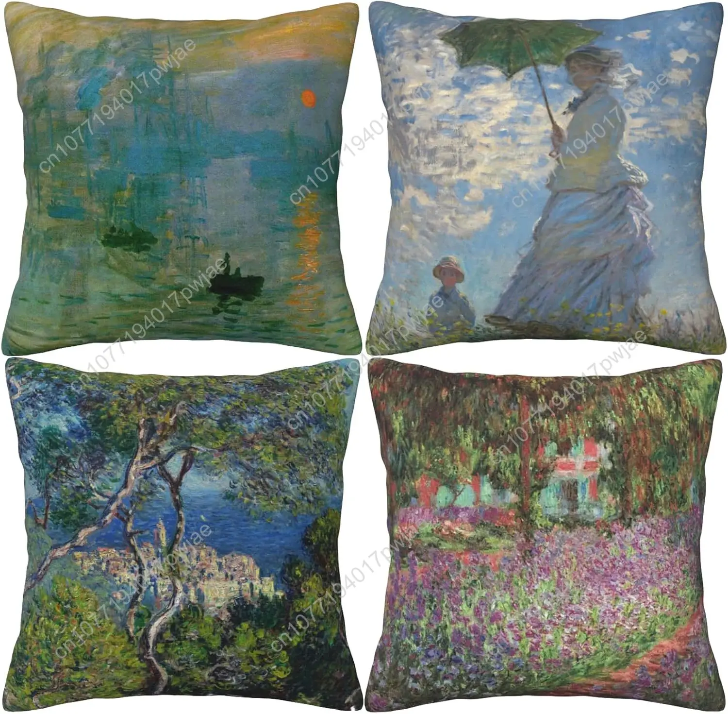 

HOSTECCO Claude Monet Painting Throw Pillow Covers 18x18 inches Set of 4 Sunrise The Impression Art Painting Pillow Cases Square