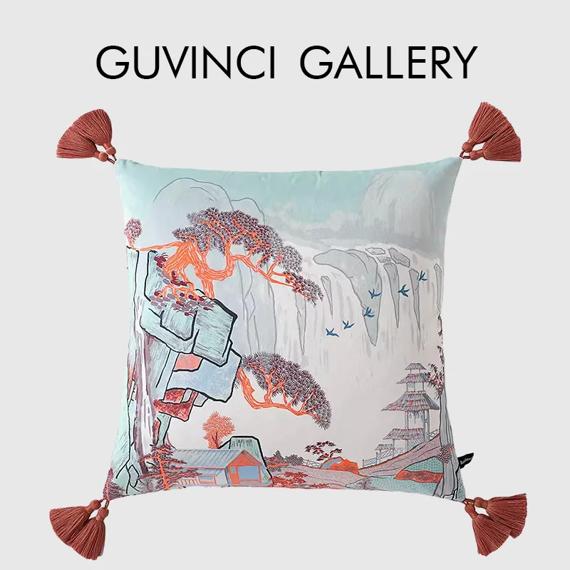 

GUVINCI Chinoiserie Retro Scenery Landscape Painting Decorative Pillow Case Stunning Cushion Covers In Light Blue Coral Color