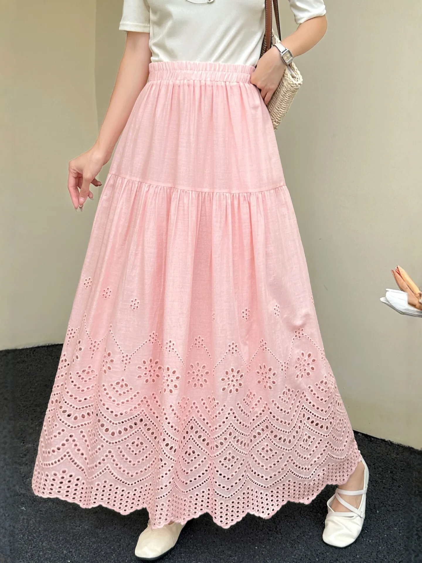 Sweet Light Yellow Tiered Maxi Skirt High-waisted A-line Skirt Eyelet Lace Hem For Women French Niche Cottagecore Garden Outfits