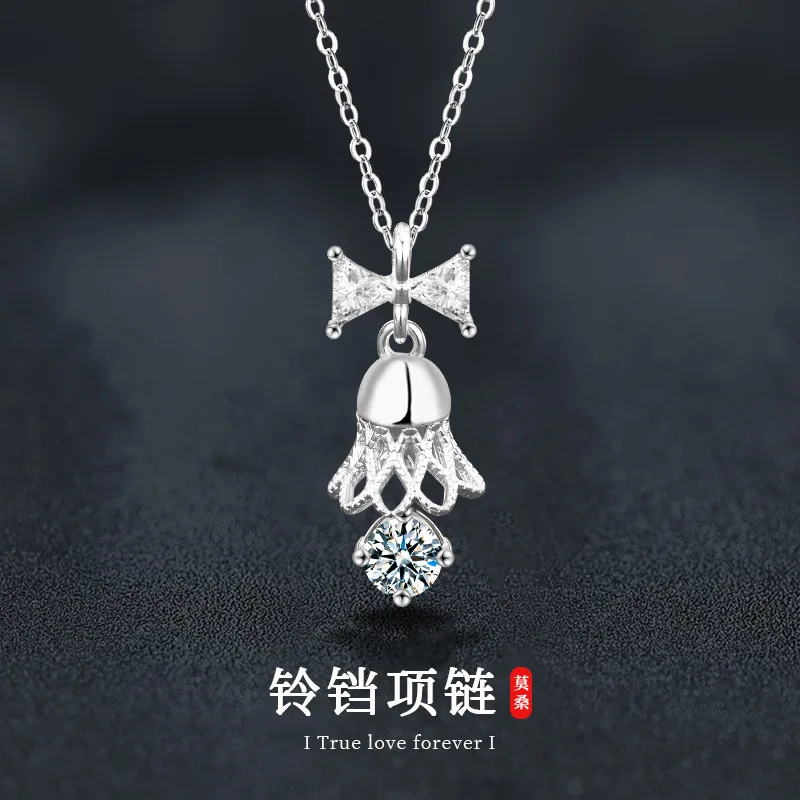

S925 sterling silver moissanite bell necklace for women, fashionable and simple bow pendant, collarbone chain accessory