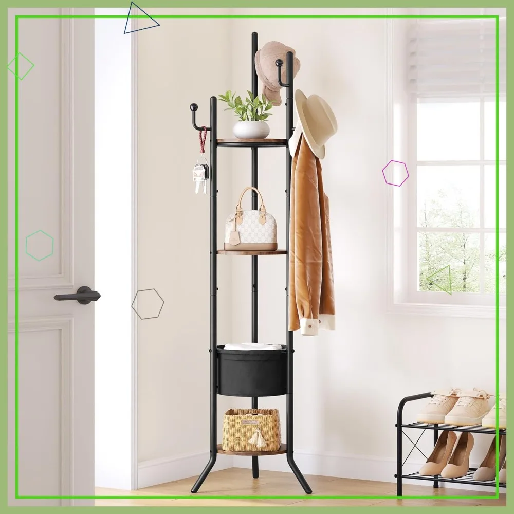 

Freestanding Round Coat Rack with 3 Wooden Shelves, Fabric Basket, and 5 Hooks for Clothes, Hats, Bags in Brown and Black