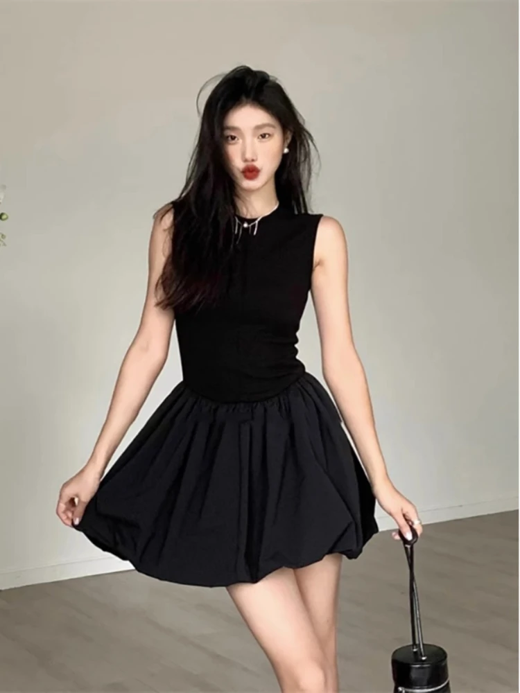 Vintage Mini Dress Women Sexy Backless Pleated Dresses Elegant Summer 2024 Sleeveless Dress Korea Fashion Street Lady Robe Beach