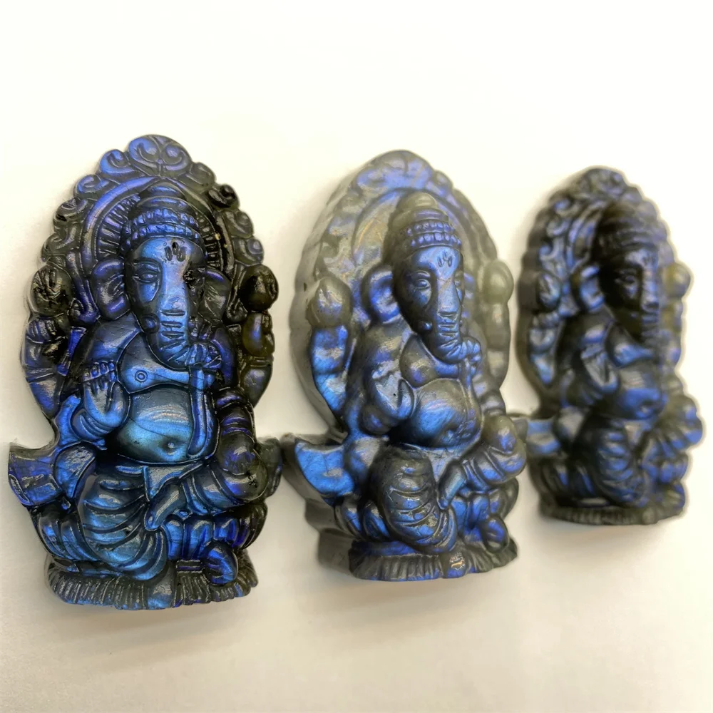 Natural Crystal Labradorite Hand-carved Lord Ganesha Statue Buddha Elephant hindu God Sculpture Figurines For Gift DIY Jewelry