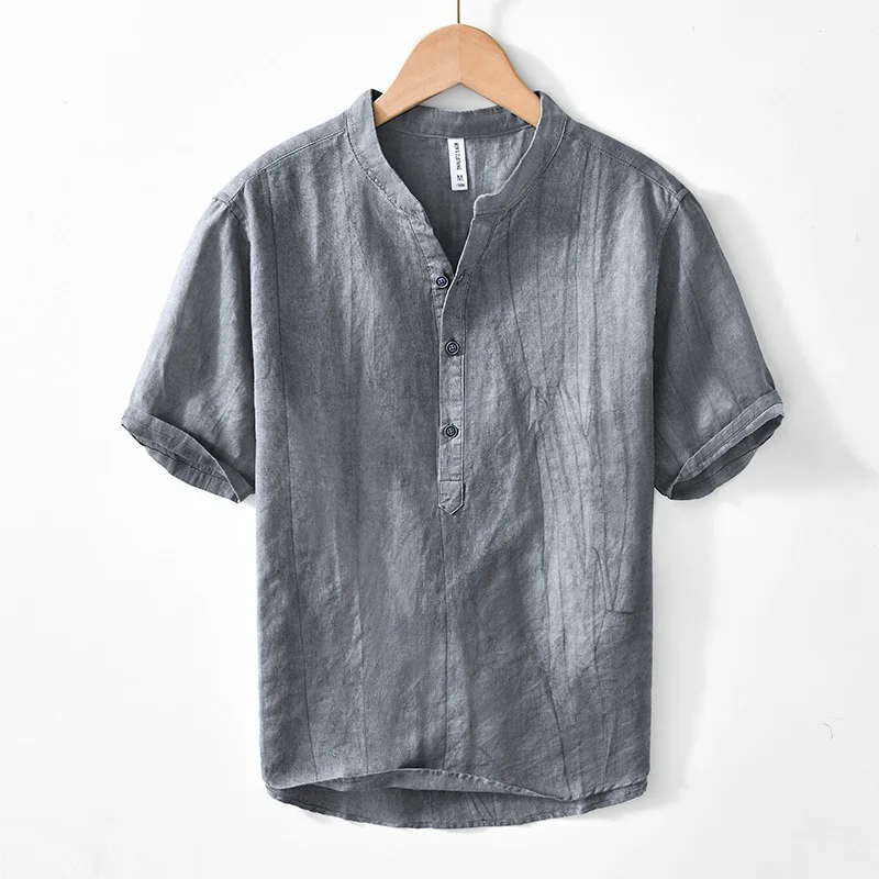 

Chinese style retro elegant linen solid color V-neck short-sleeved T-shirt men's personality simple casual T-shirt top