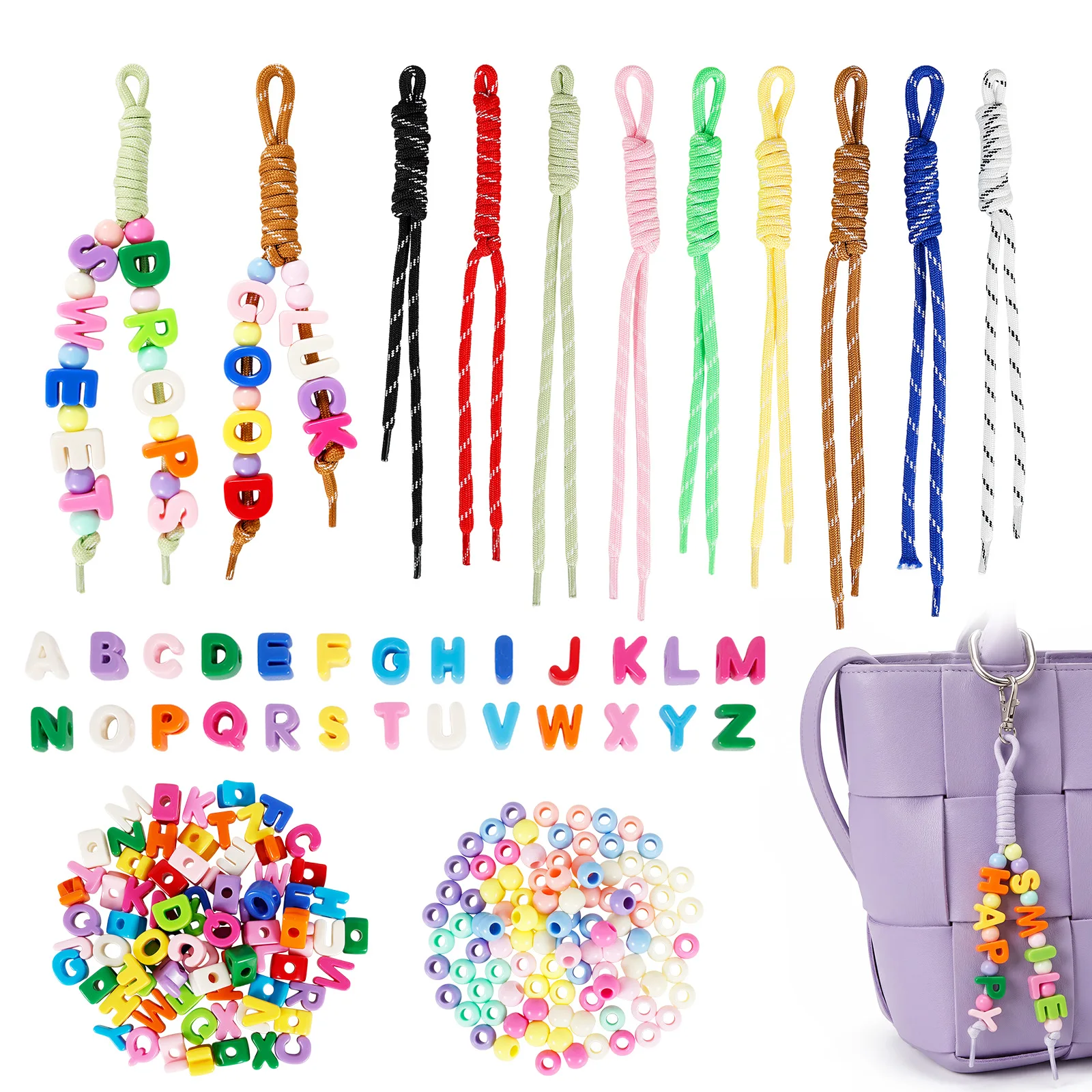 Large Colorful Letter Beads Kit Acrylic Bead Keychain Making Supplies with 10 Paracord Straps for Bag Charm Phone Strap Present