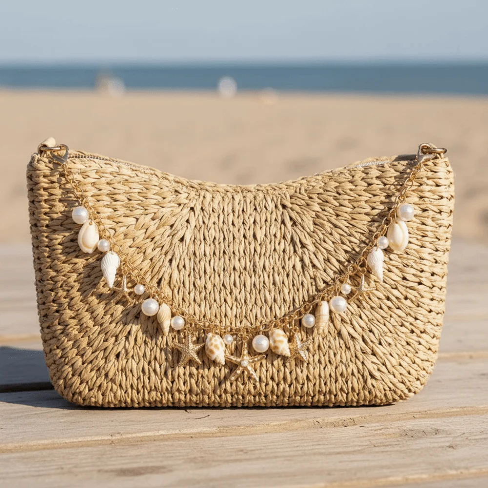 DIY Decoration Starfish Conch Pearl Bag Pendant Metal Chain Lanyard Bag Charms Accessory Bohemian Style Fashion Bag Chain
