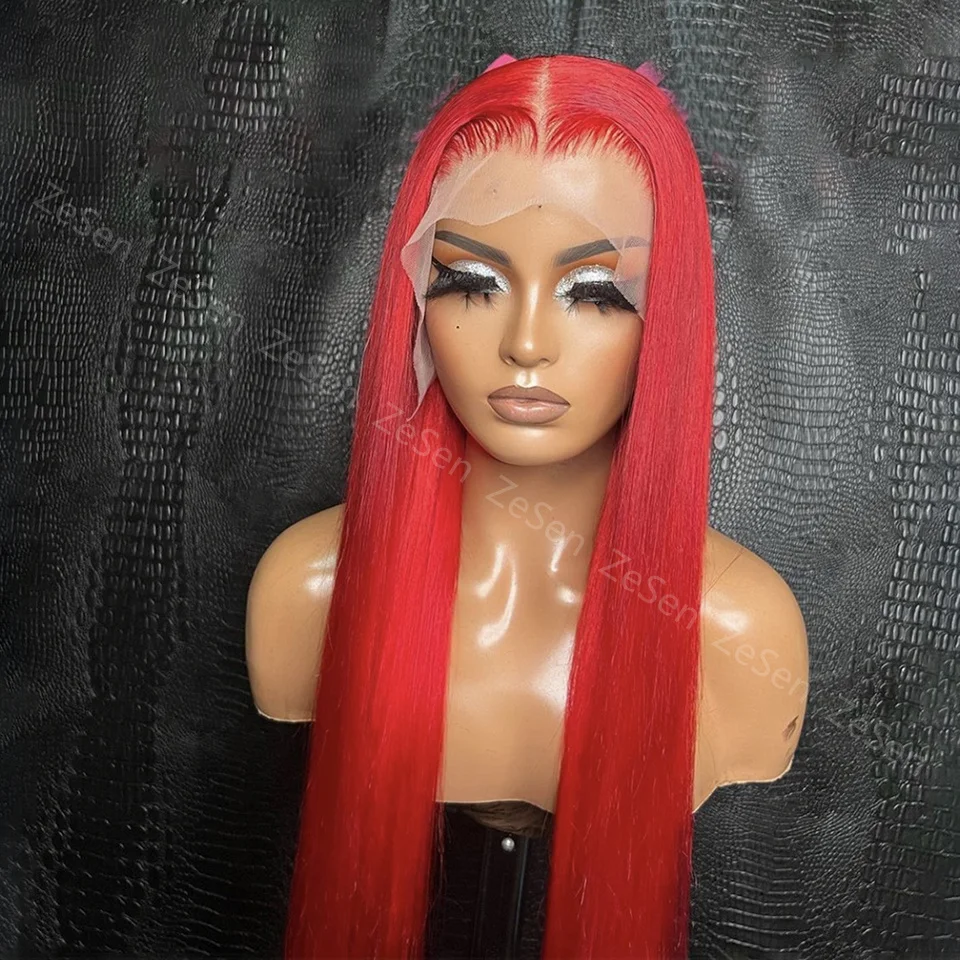 Peluca larga y recta sintética con malla Frontal para mujer, Color rojo, de alta temperatura Fibe, pelo Frontal sin pegamento, Cosplay, uso diario