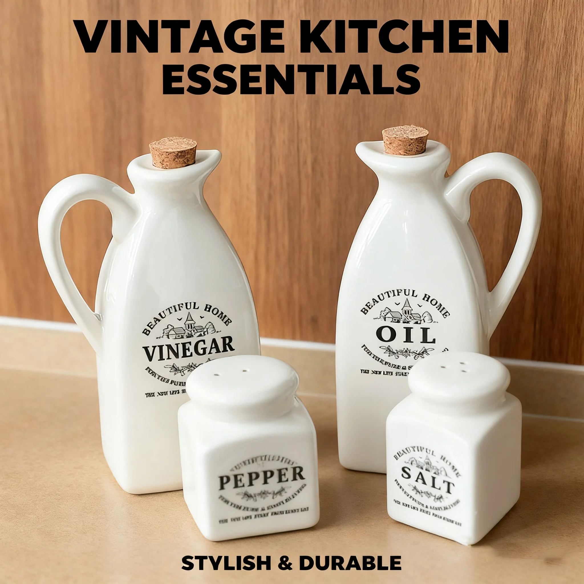 Juego de dispensador de aceite y vinagre de cerámica vintage con salero y pimienta: elegante almacenamiento de cocina para cocinar en casa
