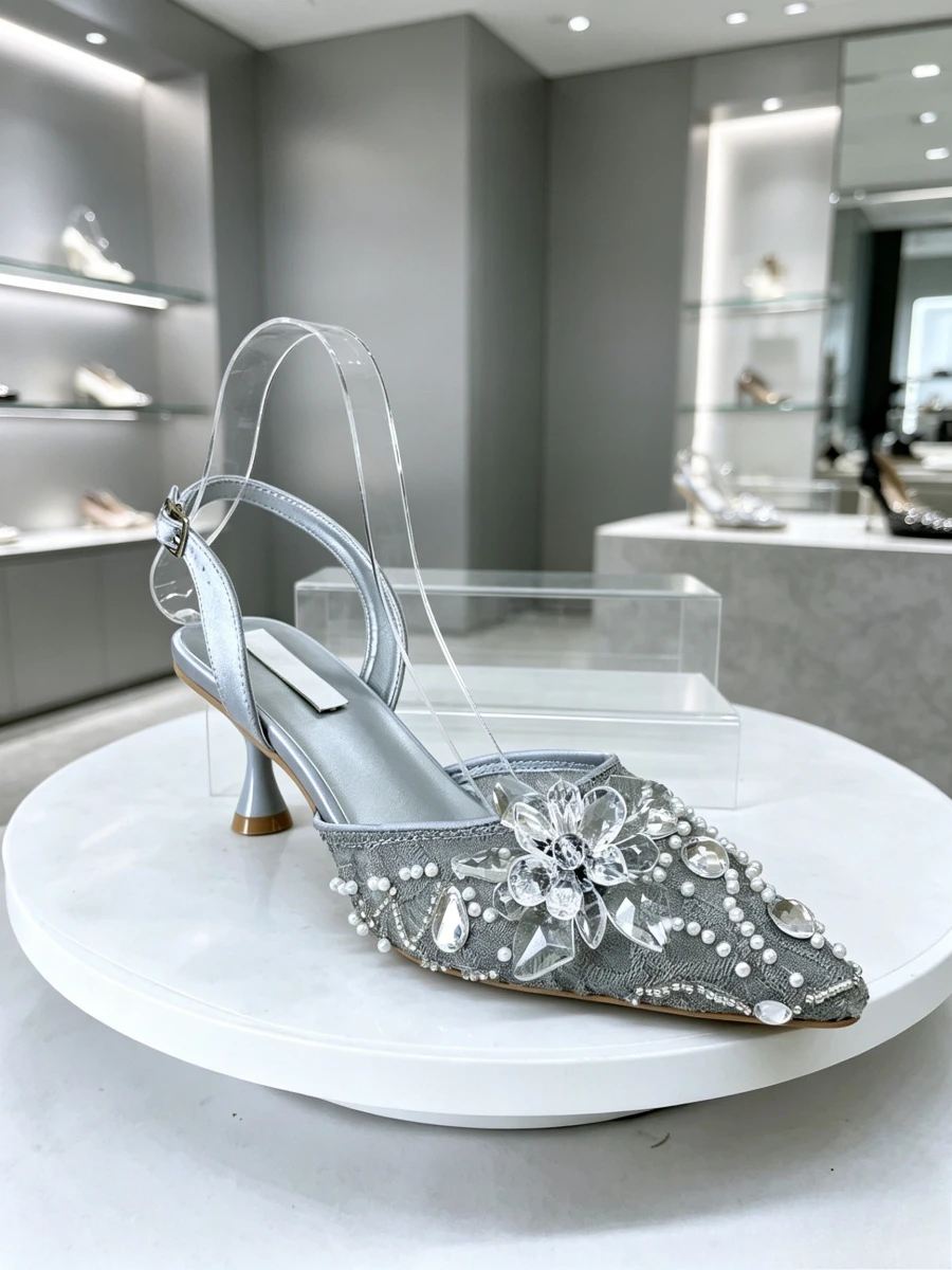Silver Grey Lace Pearl 3D Crystal Flower Pointed Slingback Kitten Heels, Luxury Runway Formal High Heels For Middle Aged Women