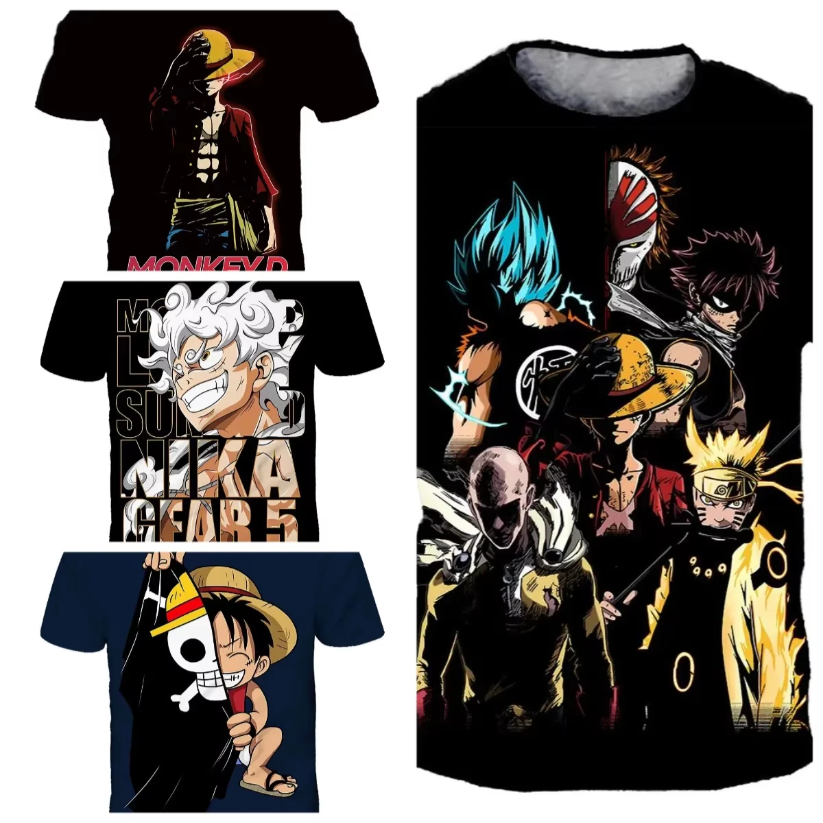 Ropa para niños, camiseta de Cosplay de One Piece de Luffy Gear 5, camisetas de dibujos animados para niños, camisetas de manga corta de verano para niños