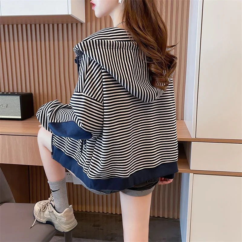 

Women's Spring Autumn Fashion Striped Hoodie Jacket Cardigan Thin New Korean Style Loose Versatile Hooded Coat Outerwear Top