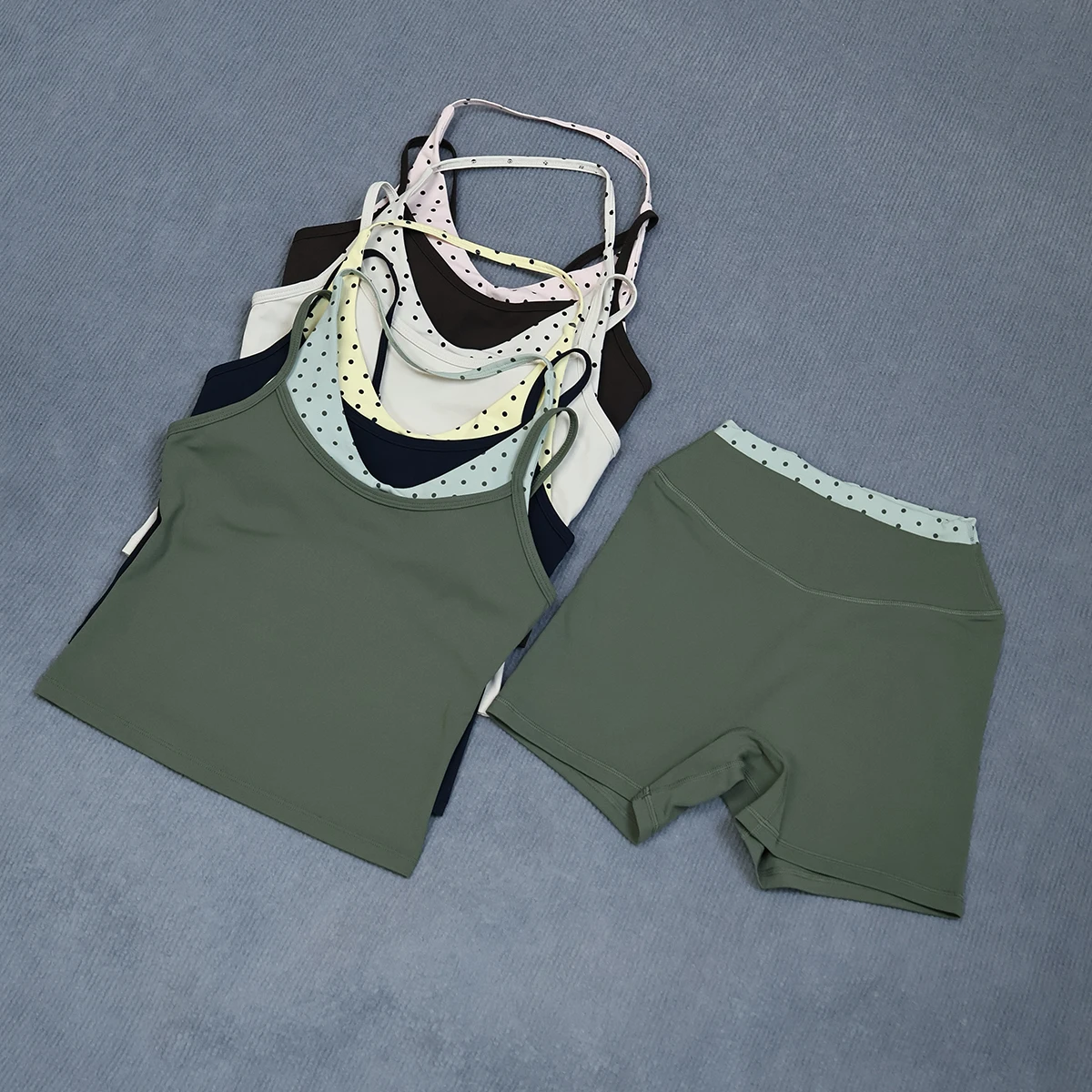 Women Halter Yoga 2Pcs Set Hollow Back Polka Dot Color Block Tank Top+High Waist Biker Shorts Gym Workout Running Sportswear Set