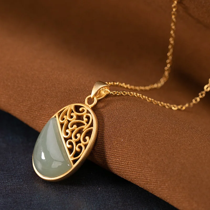 Newsilver inlaid natural Hetian Sapphire Pendant Necklace Chinese national retro palace style hollowed out charm women's jewelry