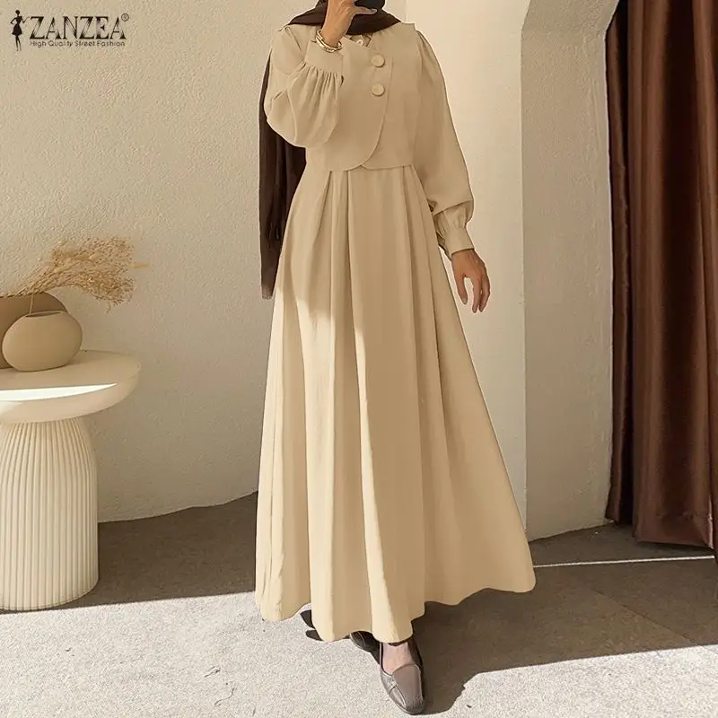 ZANZEA Fashion Muslim Dresses Abaya Ramadan Robe Fake 2 Pieces Women Elegant Long Sleeve Pleated Sundress Dubai Casual Kaftan