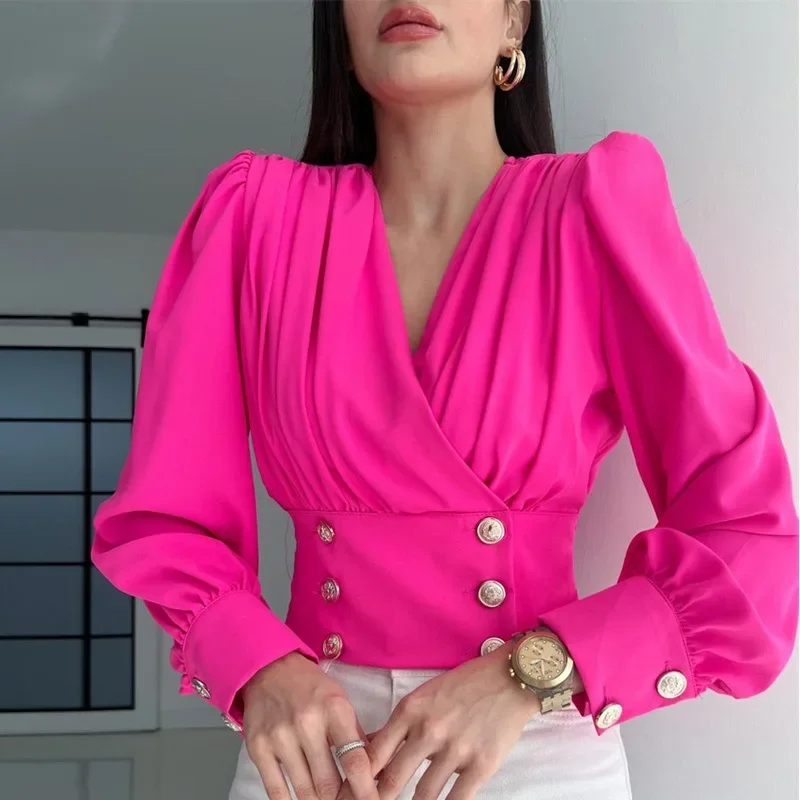 Elastic Waist Cinching Summer Shirt Women's Long Sleeved Solid Color Crop Blouse French New V-neck Style Chic Tunics Blusas Tops