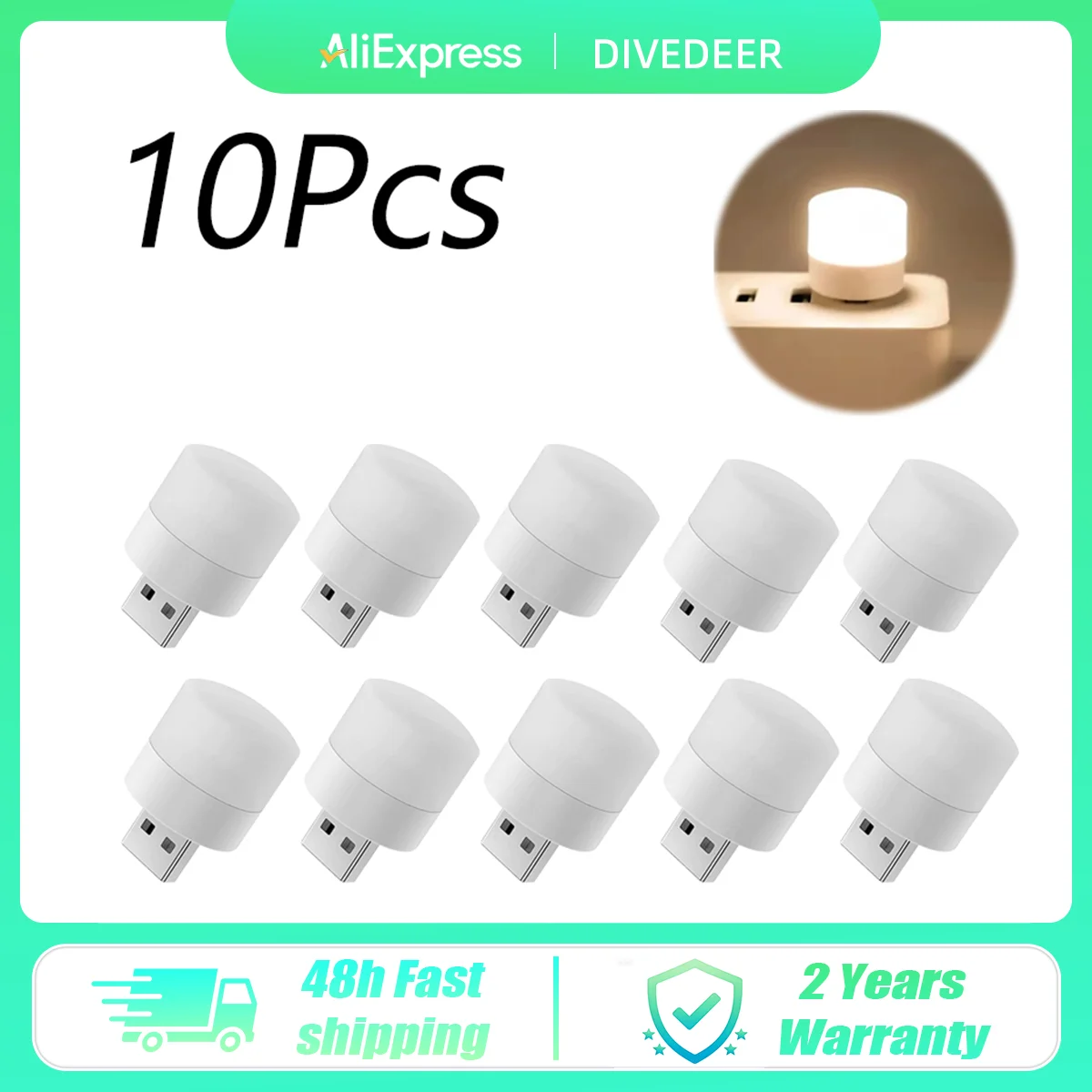 DIVEDEER 10PCS Warm White Night Light Eye Protection Reading Books USB Plug Computer Mobile Power Charging LED Night Light