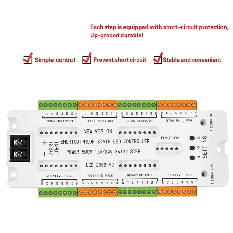 Luce del sensore di movimento a LED per scale DC12V/24V luce notturna a scala 32 canali per prevenire il Controller di cortocircuito