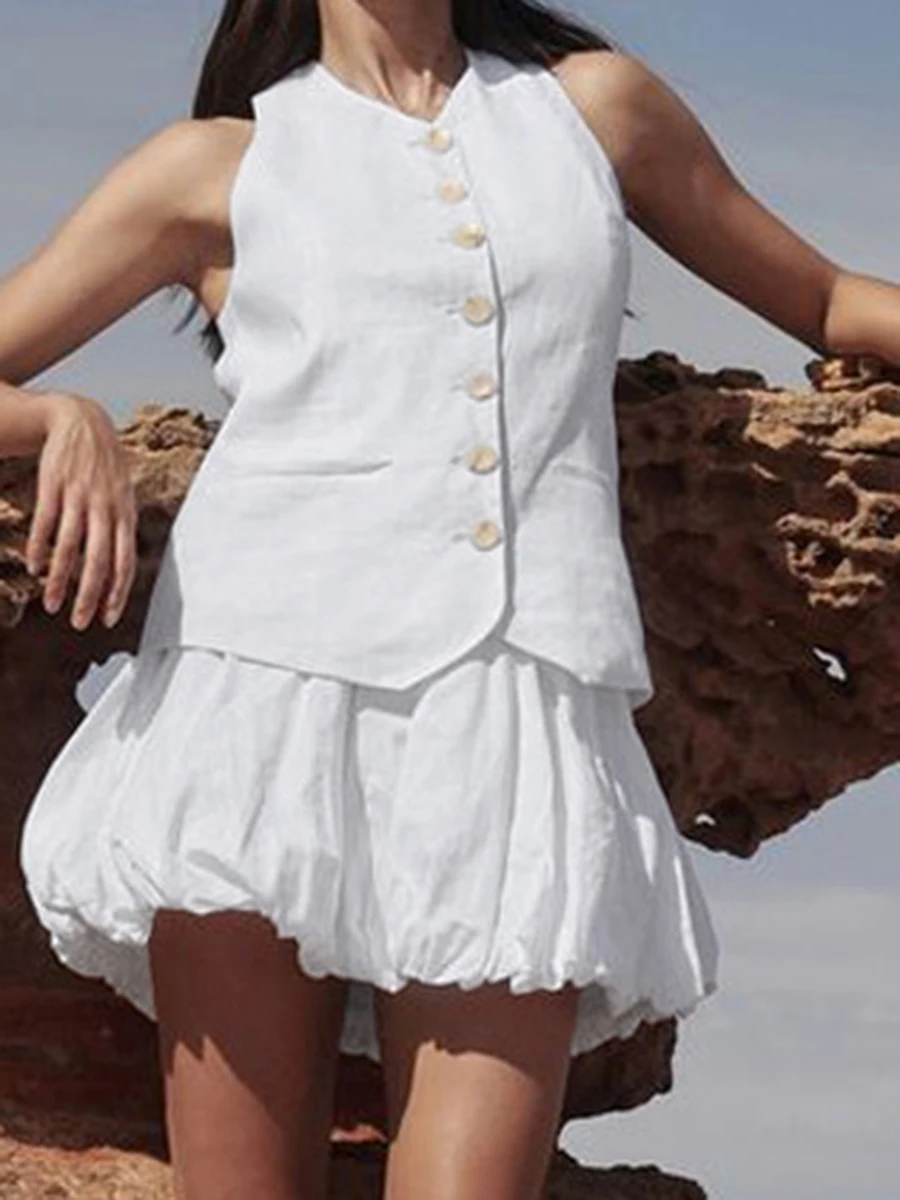 

Summer New White Skirts Sets Women V Neck Single Breasted Sleeveless Vest+A-line Mini Skirts Simple Casual Elegant Two-piece Set