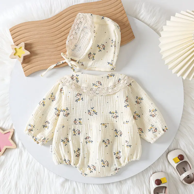 2024 Autumn New Baby Floral Bodysuit for Infant Girls Newborn Clothes Toddler Lace Turn Down Collar Bodysuits with Hat 0-2 Y