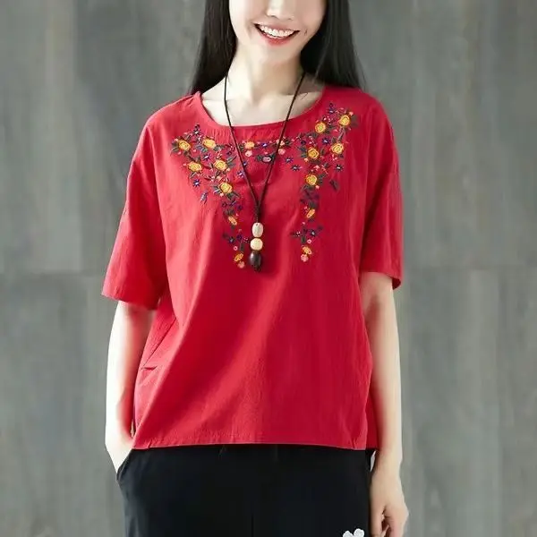 

Этническая рубашка с круглым воротником и вышивкой для женщин, с короткими рукавами, новая летняя стильная свободная футболка большого размера в стиле ретро, литературная футболка