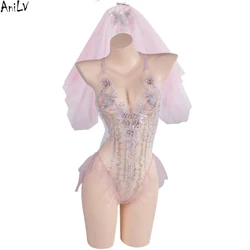 AniLV Bride Wedding Gown Veil Pajamas Cosplay Women Embroidery Lace Flower Bodysuit Clothes Costume