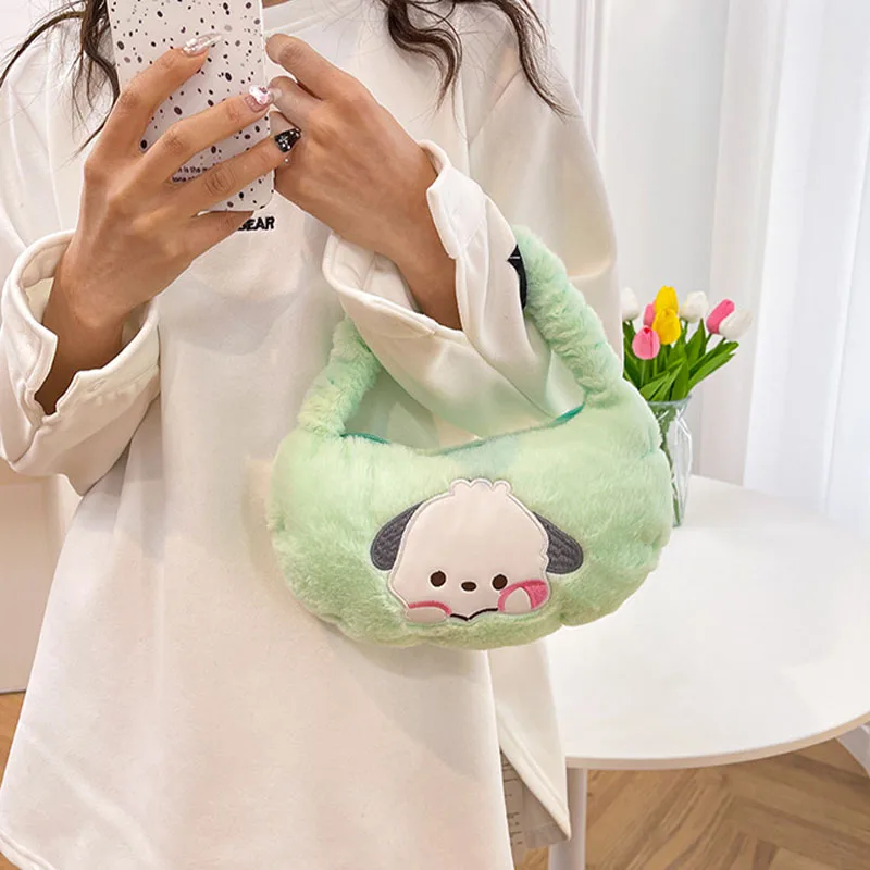 New Kuromi My Melody Cinnamoroll Pochacco Hello Kitty Bag For Women Plush One Shoulder Underarm Moon Bag Cute Girls Mini Handbag