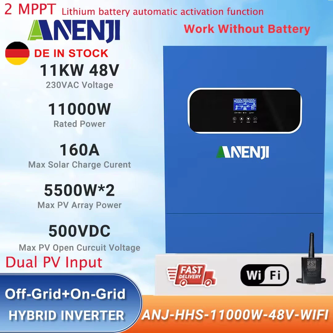 11KW Hybrid Solar Inverter 48V 220VAC On Grid+Off Grid Pure Sine Wave PV 60-500V Built-in 160A Dual MPPT Solar Charge Controller