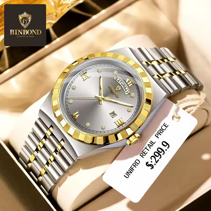 

BINBOND Men's Watch Fashion Trend Night Light Dual Calendar Waterproof Business Leisure Steel Strip Quartz Watch watches for man