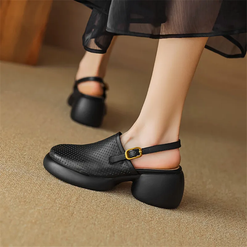 New Summer Sandals Round Toe Hollow Out High Heels Sandals for Women Handmade Platform Sandals Zapatos Mujer Chunky Heel Shoes