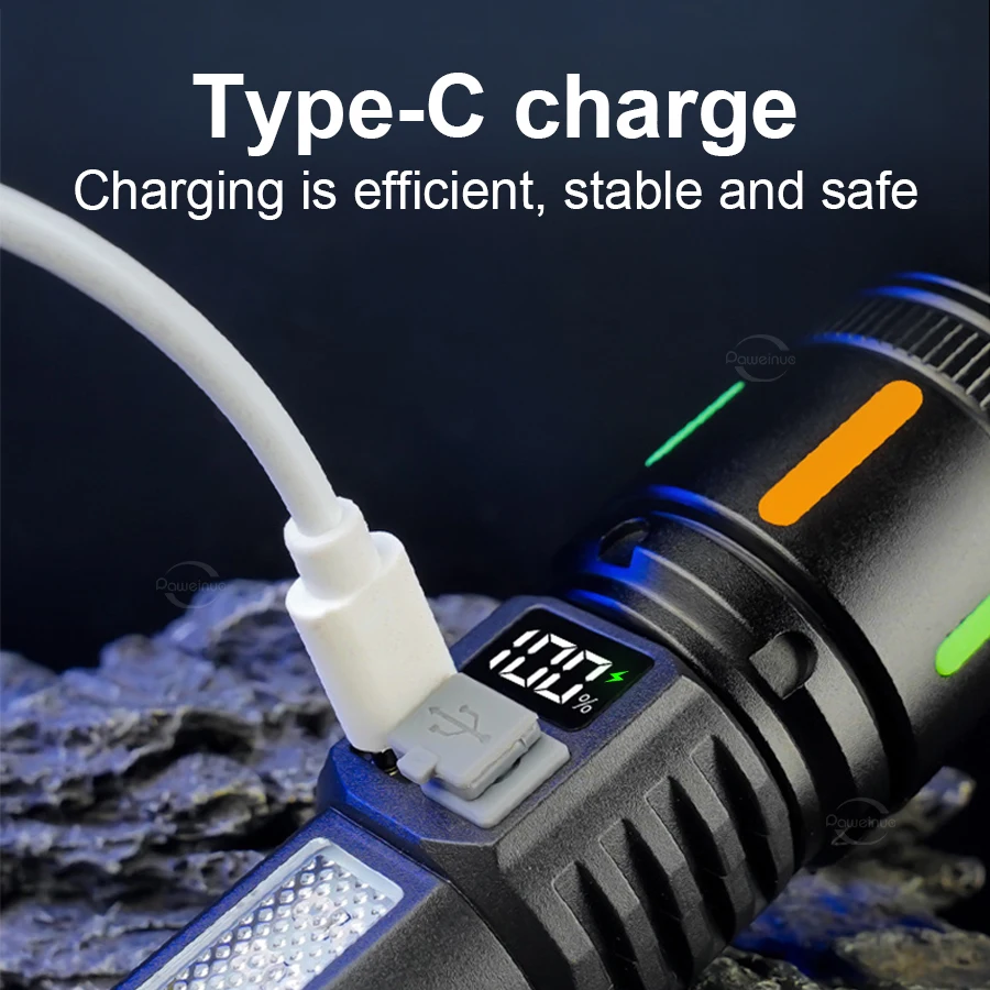 Most Powerful LED Flashlight with Side Light Type-C Rechargeable Handheld Flashlight Portable Emergency Lighting Outdoor Camping