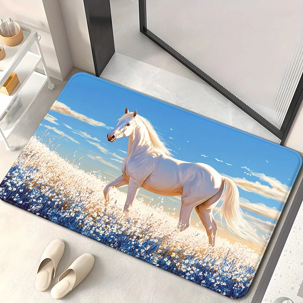 Luxurious White Horse Running Meadow Doormat Decorative Entrance Mat for Home Decor Farmhouse Rustic Indoor Outdoor Rug