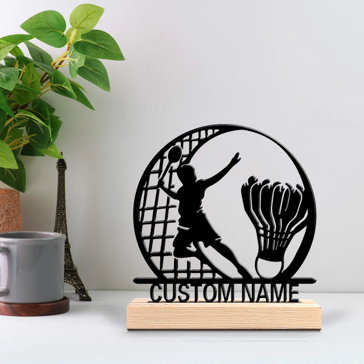 1pc Abstract badminton Personalized Letter Metal Statue Iron Ornament With Wood Base Iron Ornament For Home Desk Decor