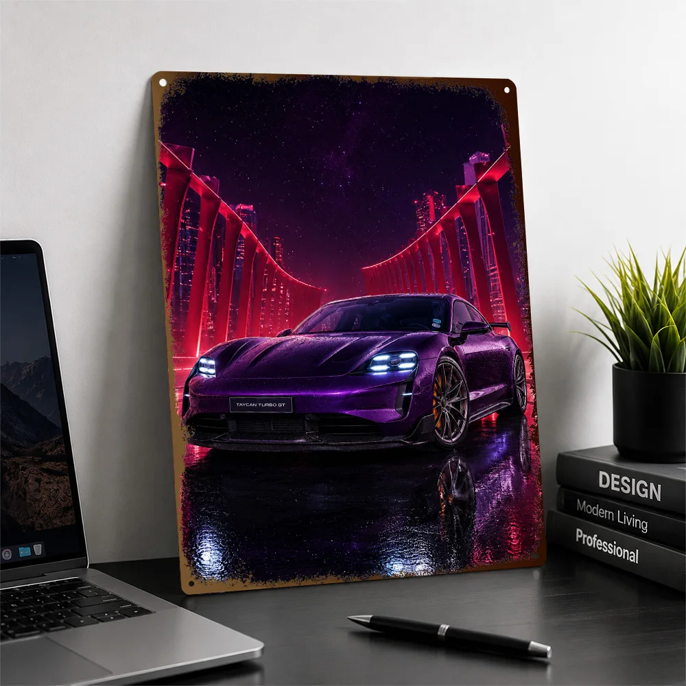 Germany Taycan Turbo GT Purple Sky Cyberpunk Sports Sedan Aluminum Poster Personalized Metal Sign Wall Art Perfect For Bedroom