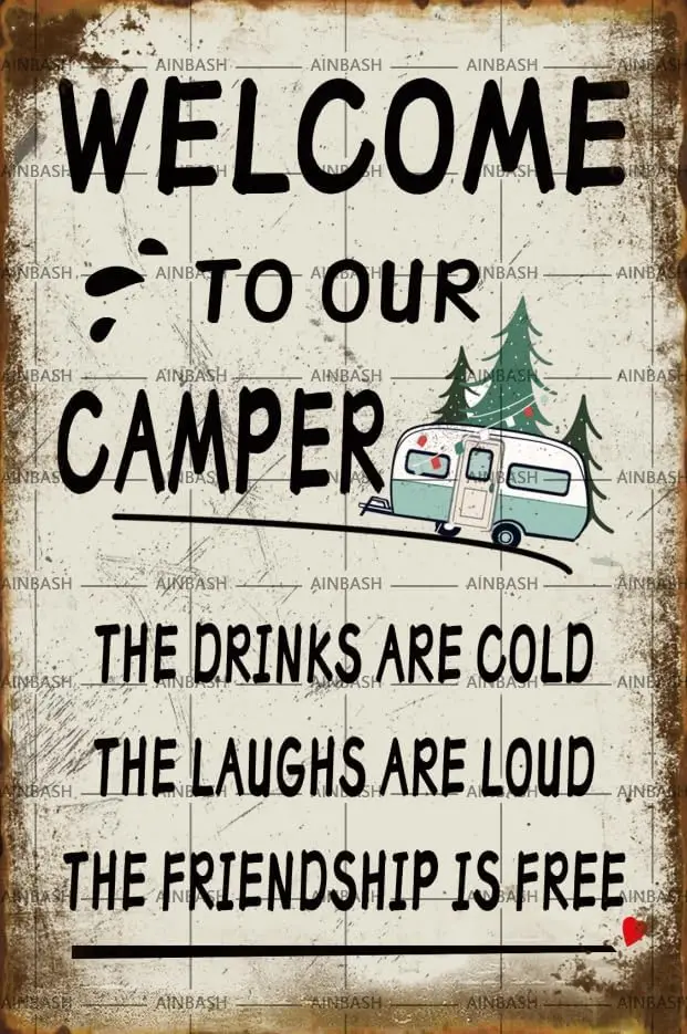 Funny Signs Welcome To Our Camper Metal Tin Signs Camper Decor Camping Accessories for inside Travel Trailer Welcome Gifts Wine