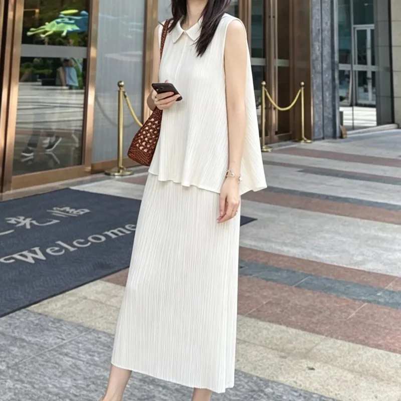 Miyake Pleated Skirt Set Plisse 2026 Summer New Elegant Sleeveless Top+Skirt Set Women Summer Textured Relaxed Fold 2-Piece Set