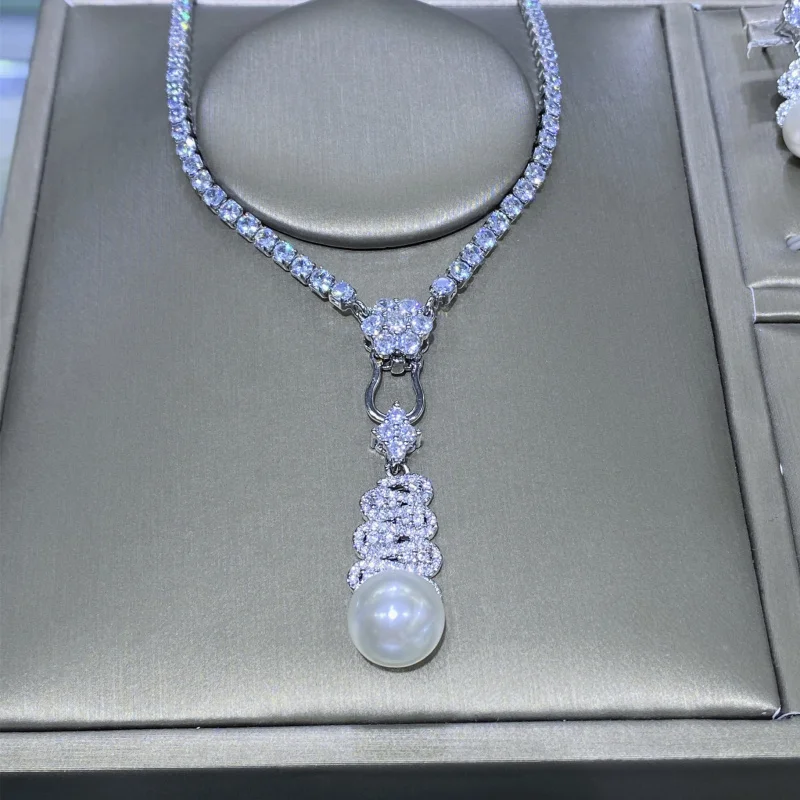 

Natural Shell Comparable to Pearl High-end Feel Full Diamond Open Ring Women's Elegant Versatile Pendant Earring Set