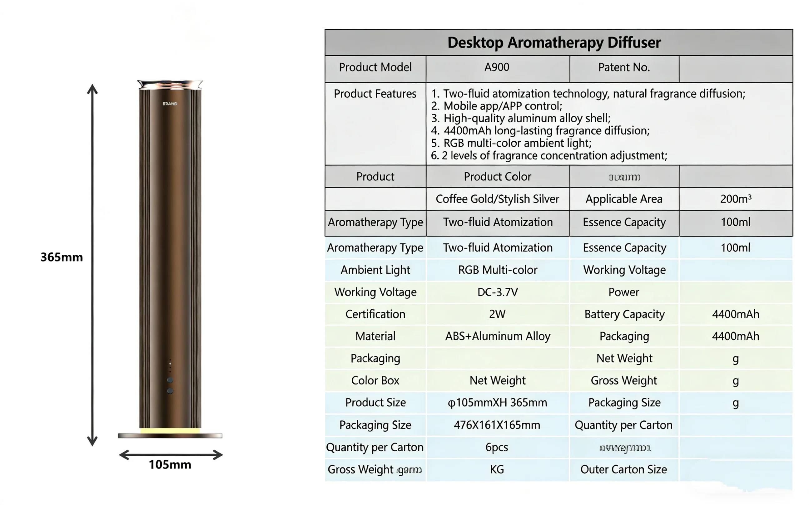 Desktop Luxury Aluminum Aromatherapy Essential Oil Diffuser Rechargeable Smart App Control Scents Up To 200m³ For Home Office Sp