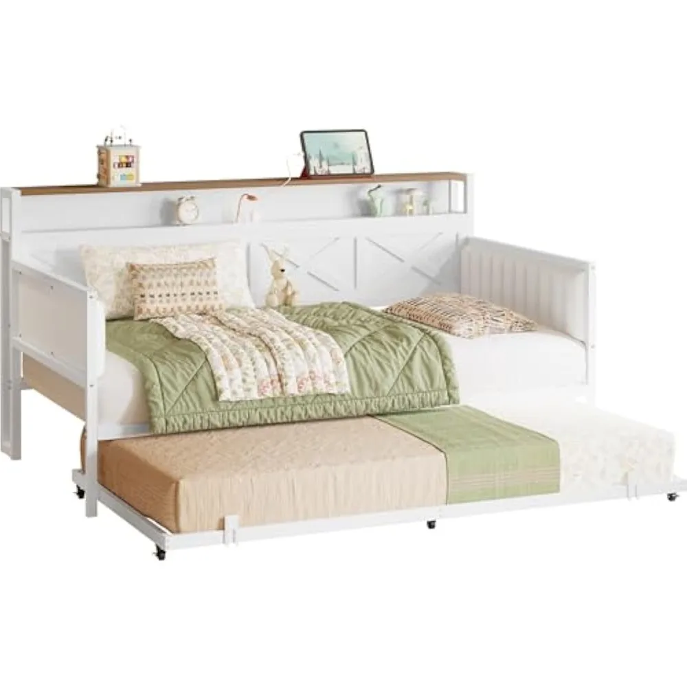 

IRONCK Daybed with Trundle, Sturdy Metal Twin Bed Frame with X-Shaped Frame, Upholstered Farmhouse Daybed with Charging Station