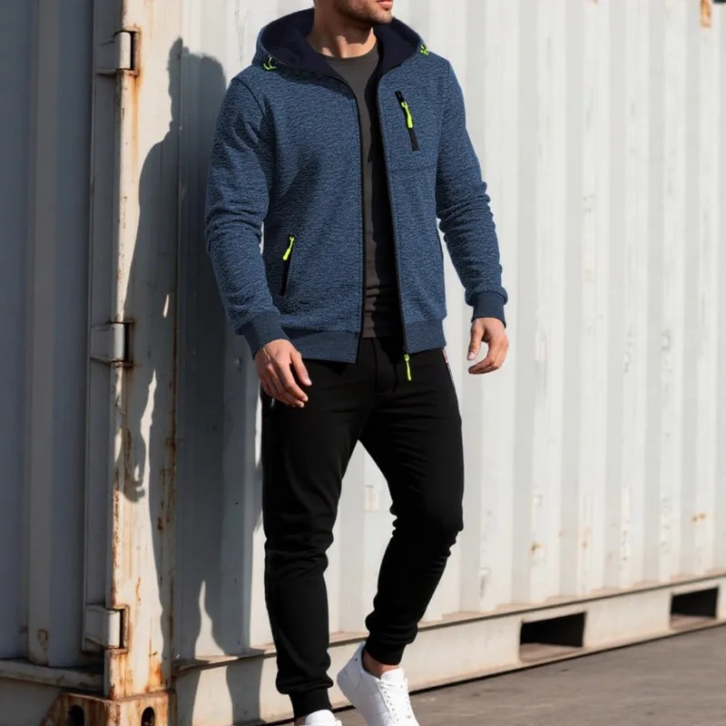 

New Men's Sports Fitness Casual Jacquard Sweatshirt Cardigan Hooded Jacket Knitted Cardigan Suit