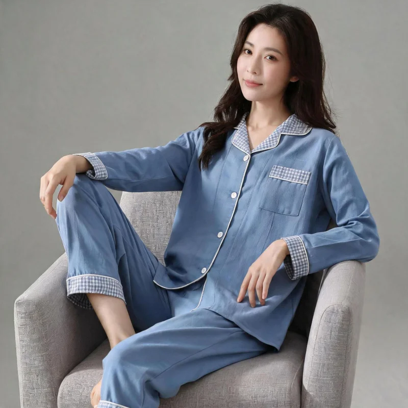 

2pcs Women's Pajama Set Korean Casual Style 100% Cotton Gauze Solid Color Plaid Splice Loose Lazy Soft Breathable Daily Loungewe