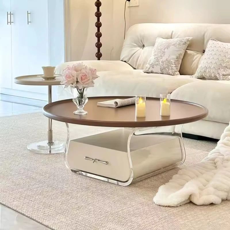 

Cream retro coffee table wooden durable modern living room furniture small apartment round new style